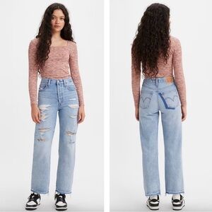 LEVIS Ribcage Straight Ankle Jeans Ripped Distressed Boho Indigo Blue 32